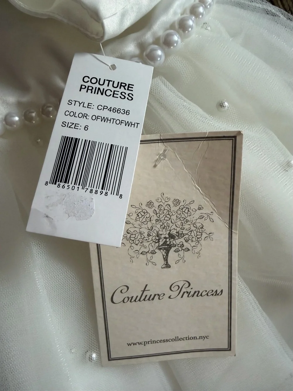 Girls’ Couture Princess White Pearl-Trim Tulle Dress